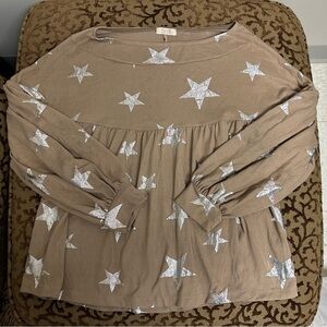 ODDY Beige Long Sleeve Top with Silver Stars